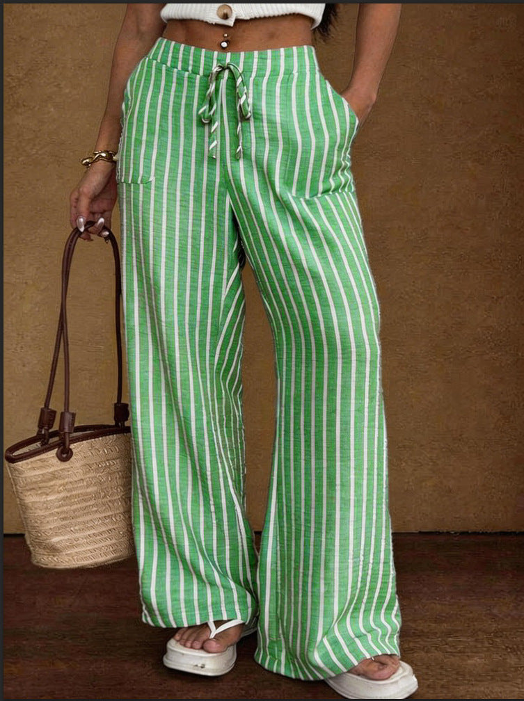 Striped Lace-up Elastic-waist Wide-leg Trousers
