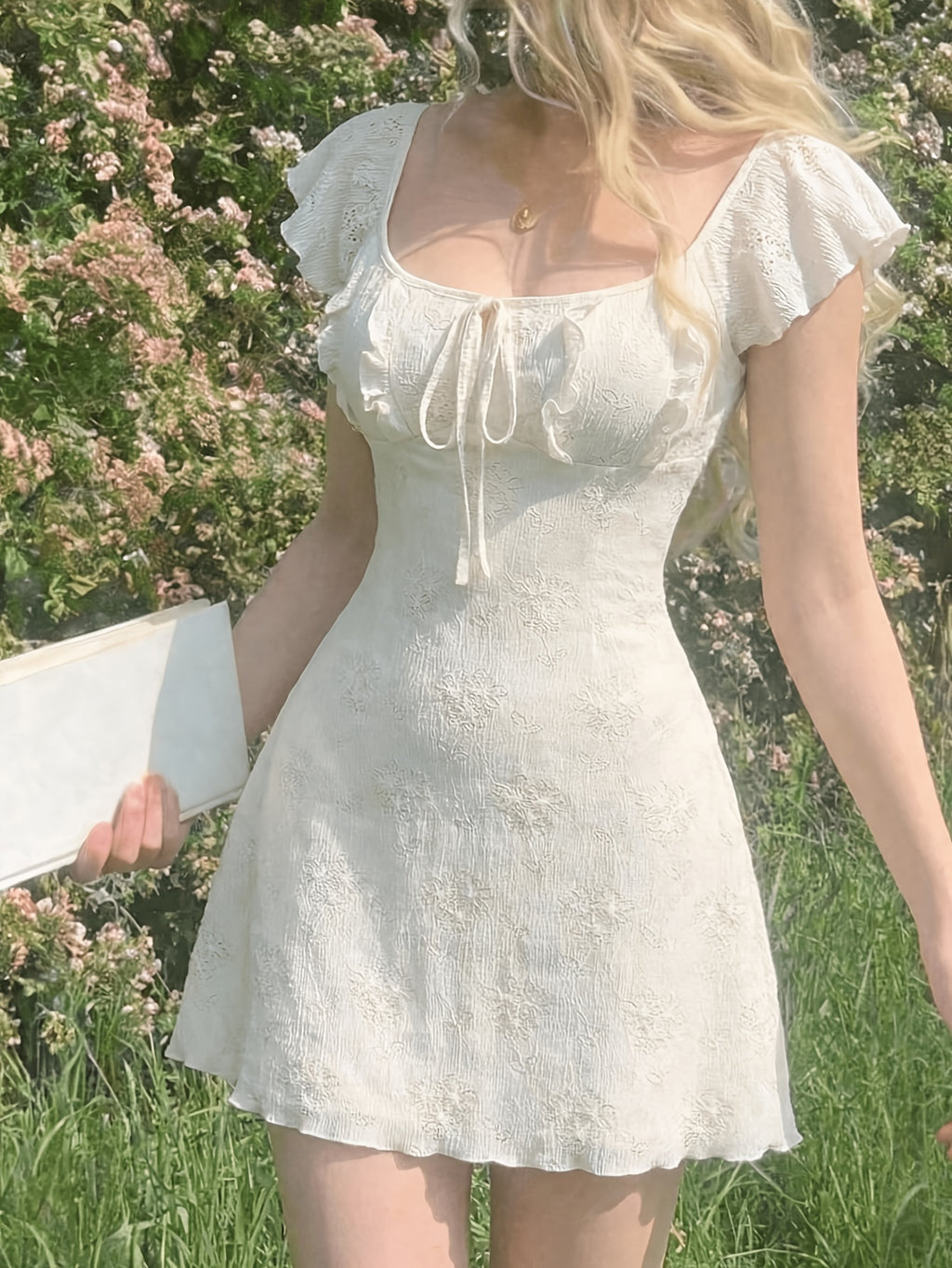 French Style Romantic Elegant Ruffled Tie Waist Mini Dress