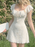 French Style Romantic Elegant Ruffled Tie Waist Mini Dress