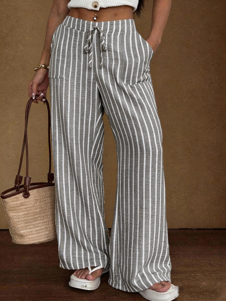 Striped Lace-up Elastic-waist Wide-leg Trousers