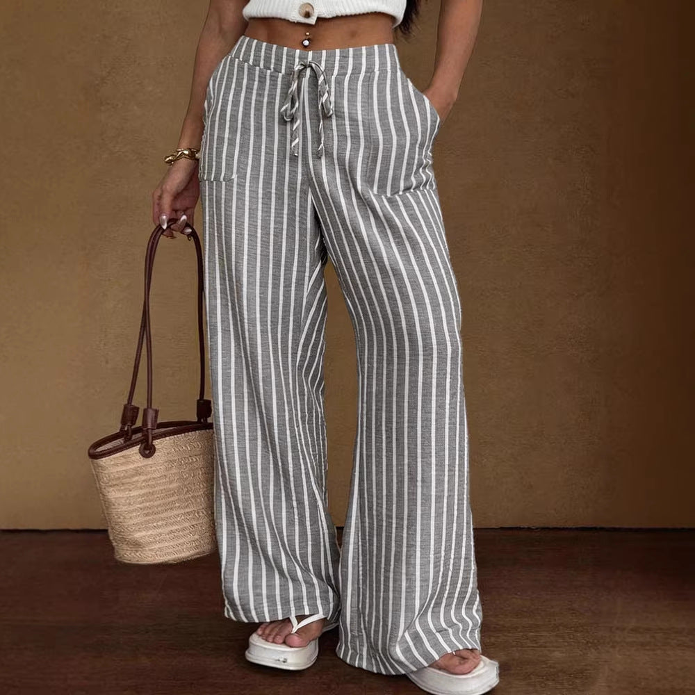 Striped Lace-up Elastic-waist Wide-leg Trousers