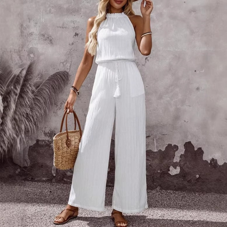 Tasselled Lace-up Pocketed Wide-leg Casual Jumpsuit