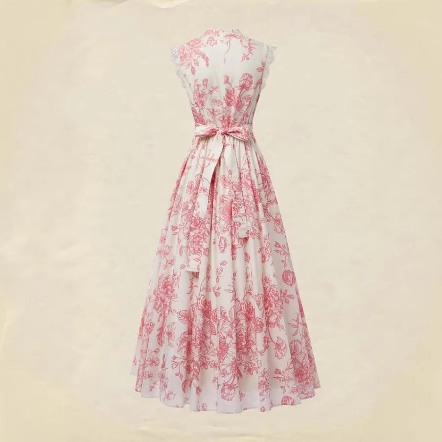 Lace-Patchwork Lace-Up Printed Dress