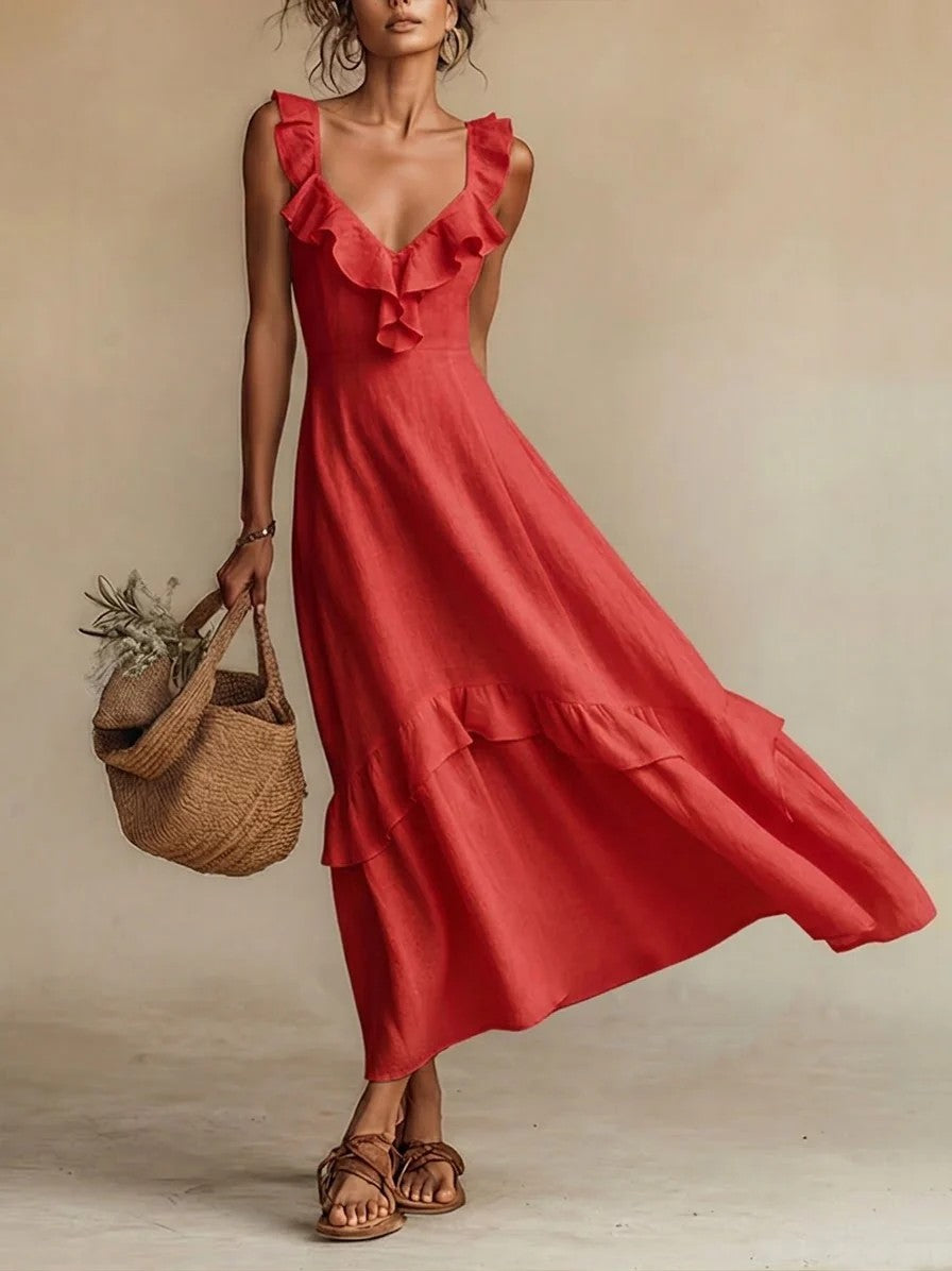 Cotton-Linen Dress With Ruffled Flutter Sleeves