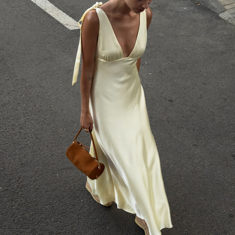 V-neck  Backless Sleeveless Dress With Tie
