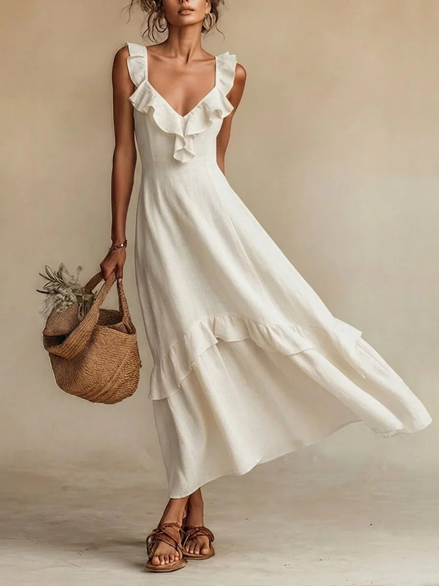 Cotton-Linen Dress With Ruffled Flutter Sleeves