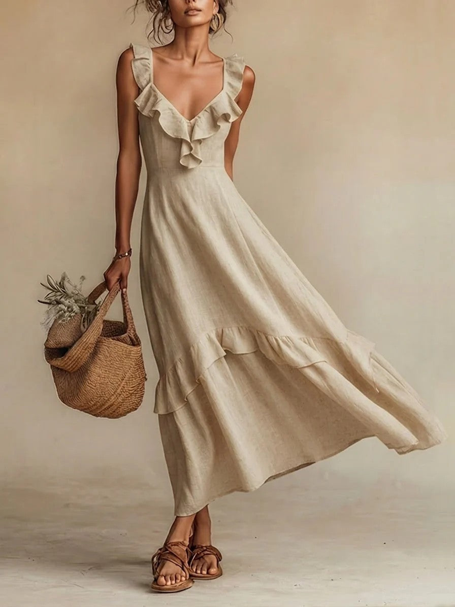 Cotton-Linen Dress With Ruffled Flutter Sleeves