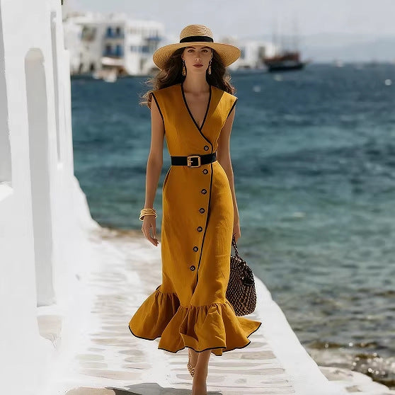 V-Neck Linen Blend Midi Dress