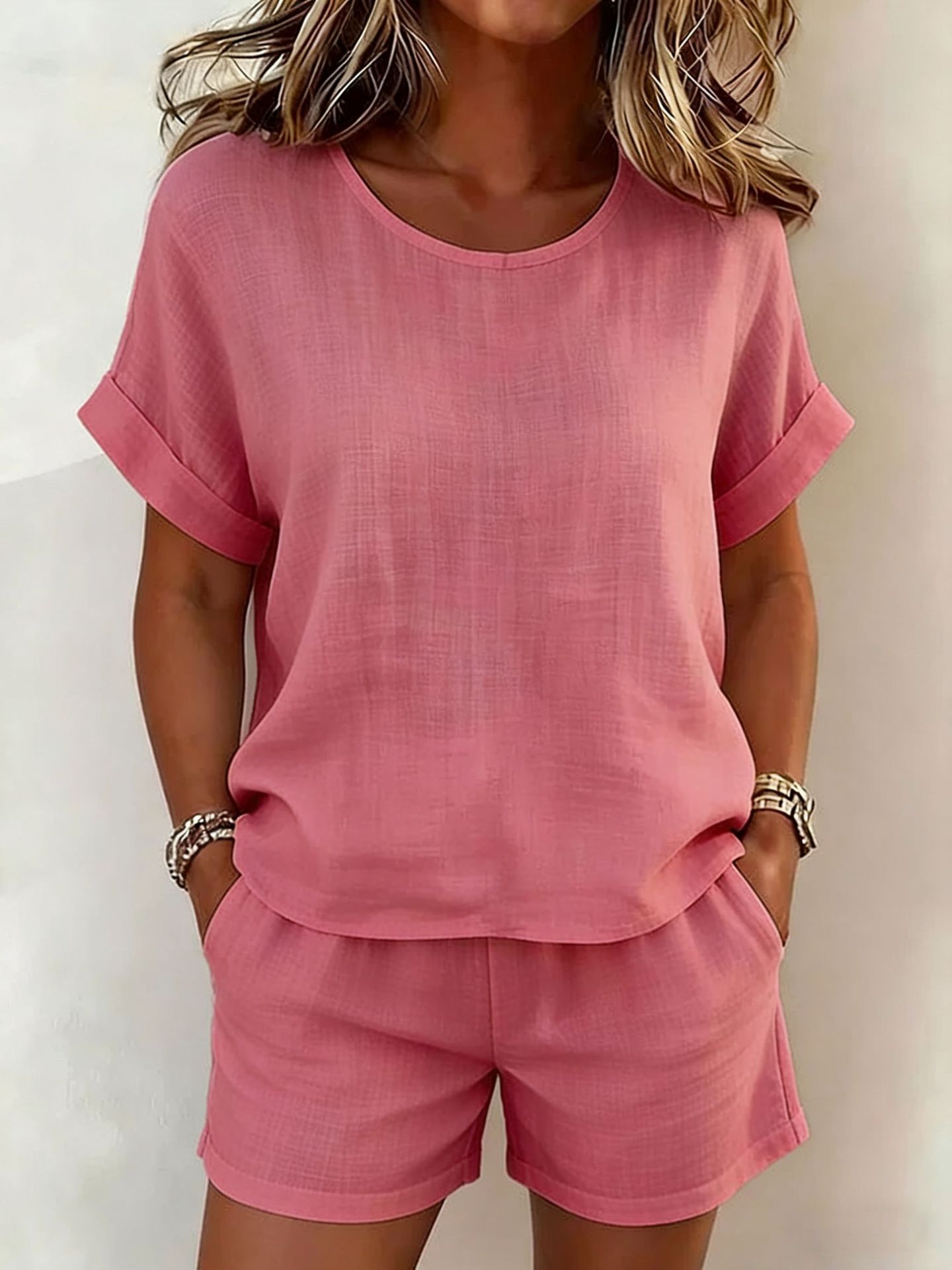 Solid-color Casual Round-neck Short-sleeve Shorts Two-piece Set