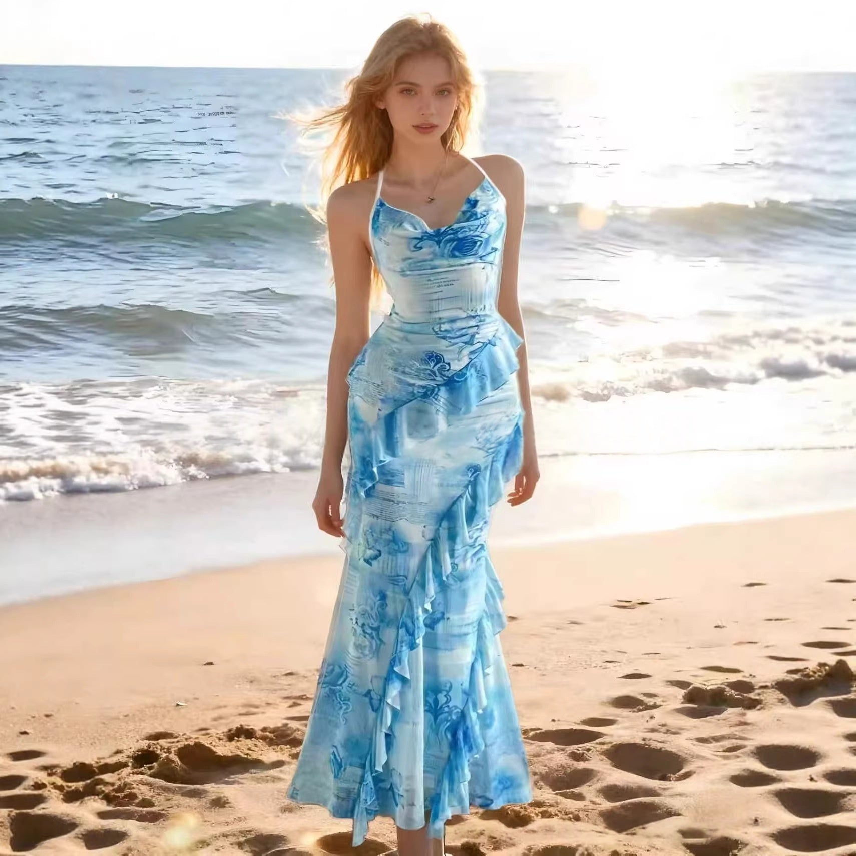 Sleeveless Halterneck Printed Beach Dress