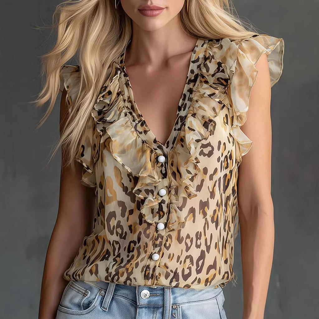 Retro-style Casual Leopard-print Button-up V-neck Shirt