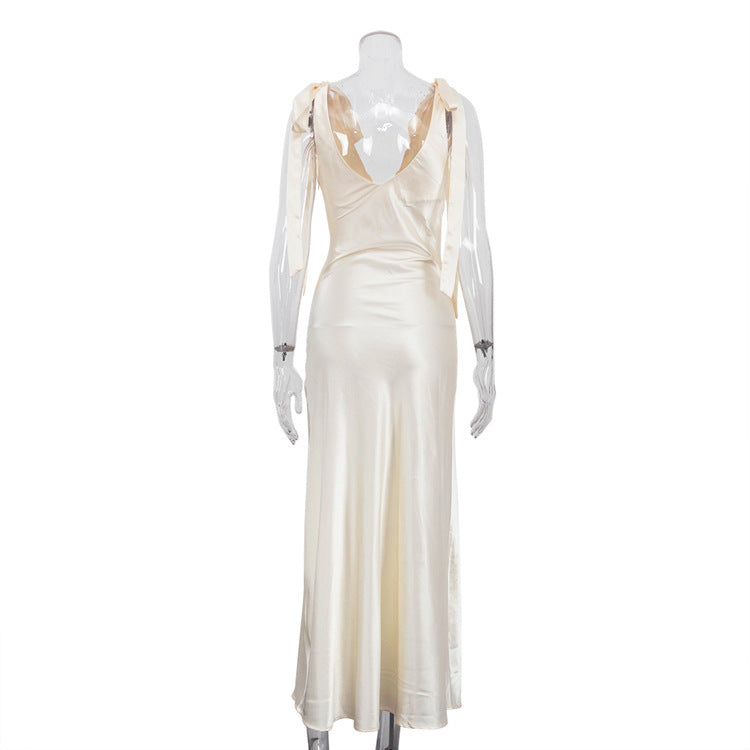 V-neck  Backless Sleeveless Dress With Tie