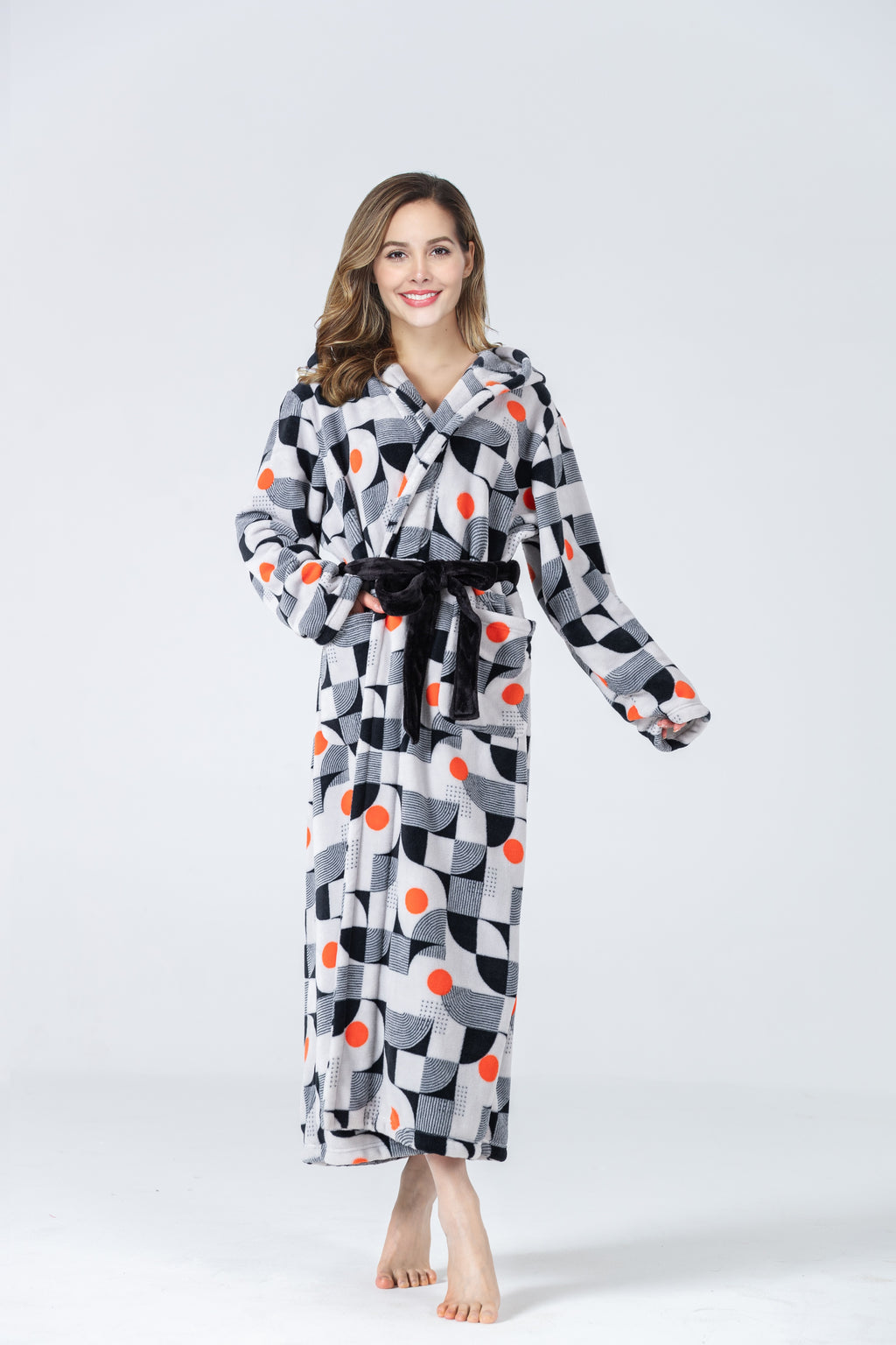 RONGTAI Womens Plush Fleece Hooded Bathrobe, Thick Nightgown Long Robe Sleepwear With Two Side Pockets And Belt