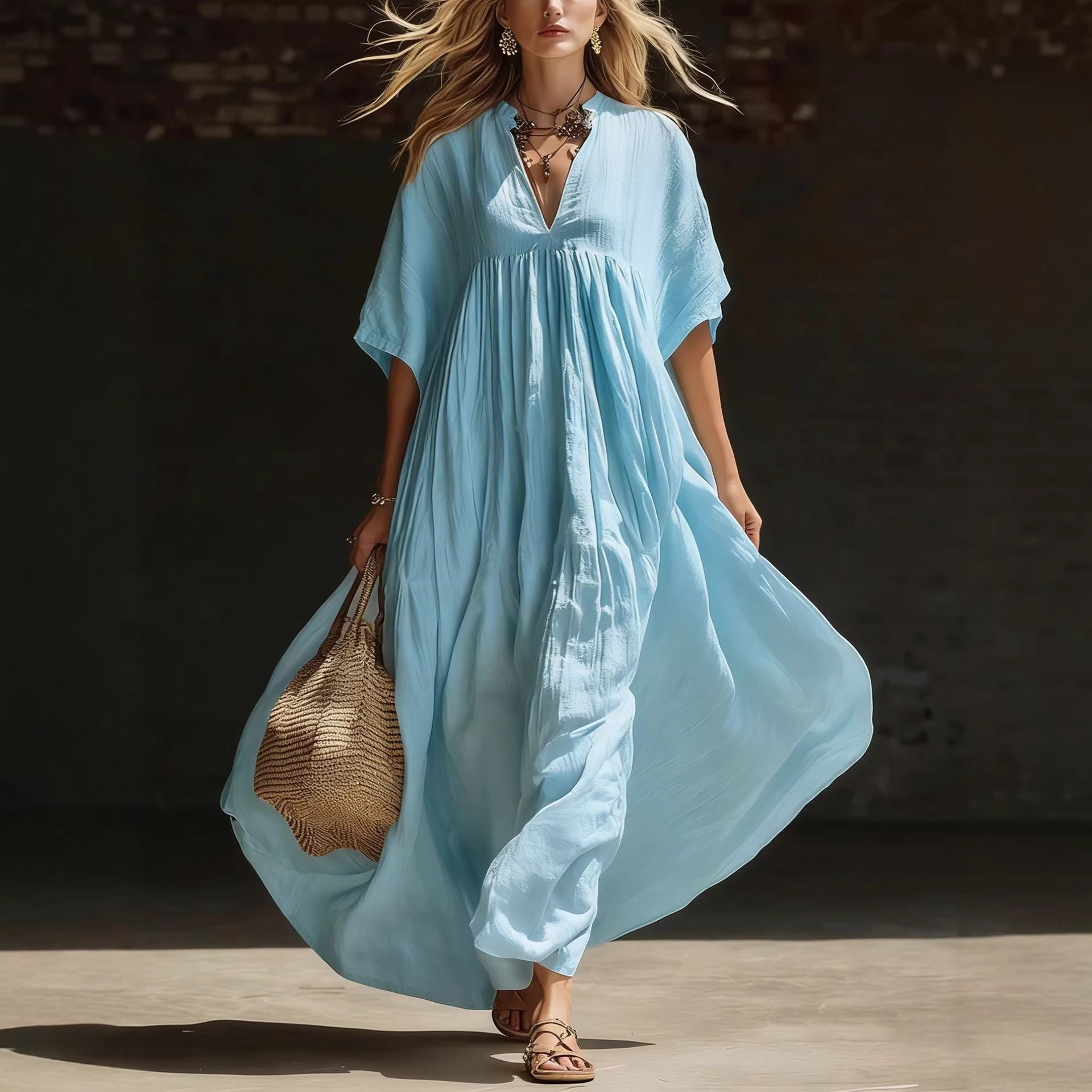 Summer  Beach Vacation Long V-Neck Dress