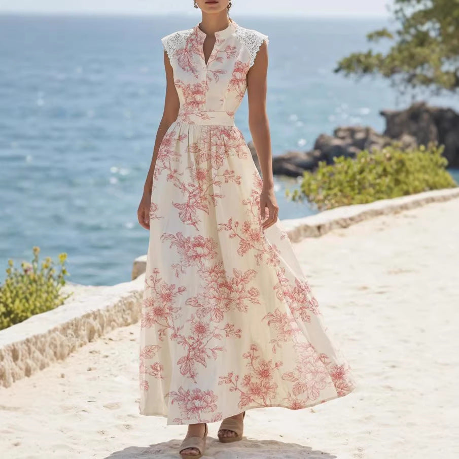 Lace-Patchwork Lace-Up Printed Dress