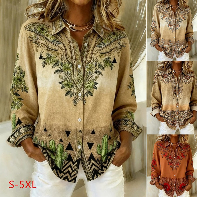 Loose-Fitting Long-Sleeve Lapel-Neck Printed Shirt