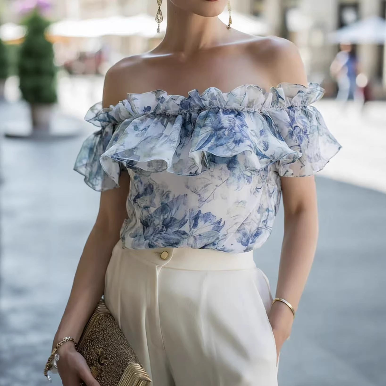 Chiffon Printed Off-Shoulder Ruffle-Trim Top