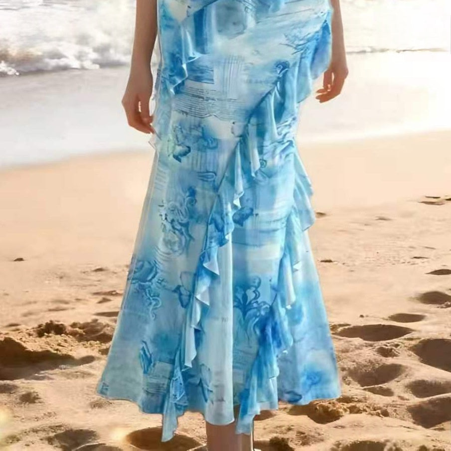 Sleeveless Halterneck Printed Beach Dress