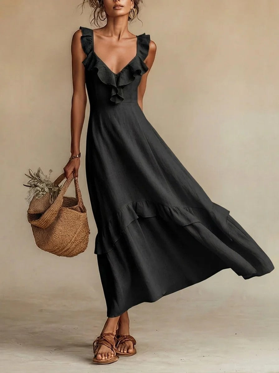 Cotton-Linen Dress With Ruffled Flutter Sleeves