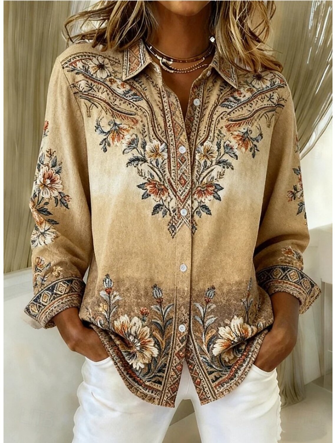 Loose-Fitting Long-Sleeve Lapel-Neck Printed Shirt