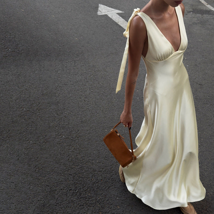 V-neck  Backless Sleeveless Dress With Tie