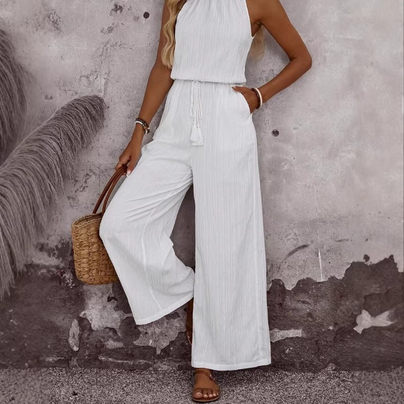 Tasselled Lace-up Pocketed Wide-leg Casual Jumpsuit