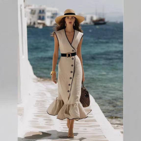 V-Neck Linen Blend Midi Dress