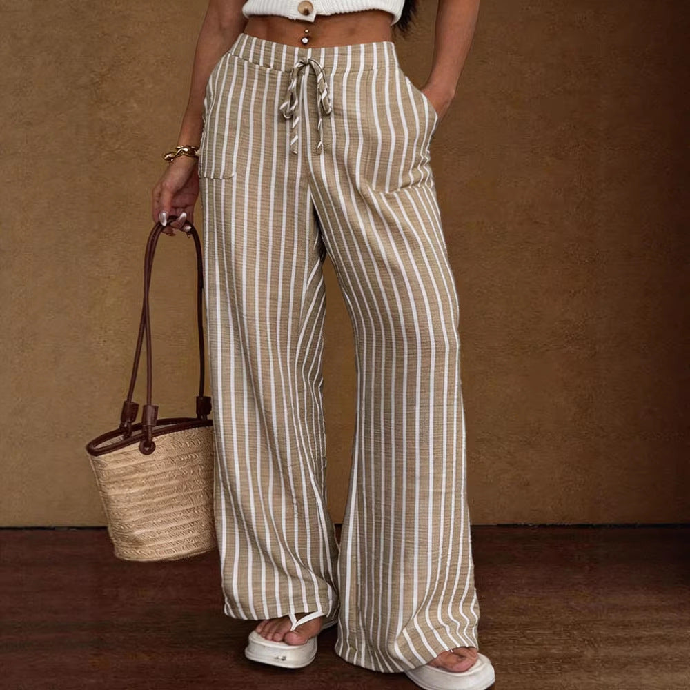 Striped Lace-up Elastic-waist Wide-leg Trousers