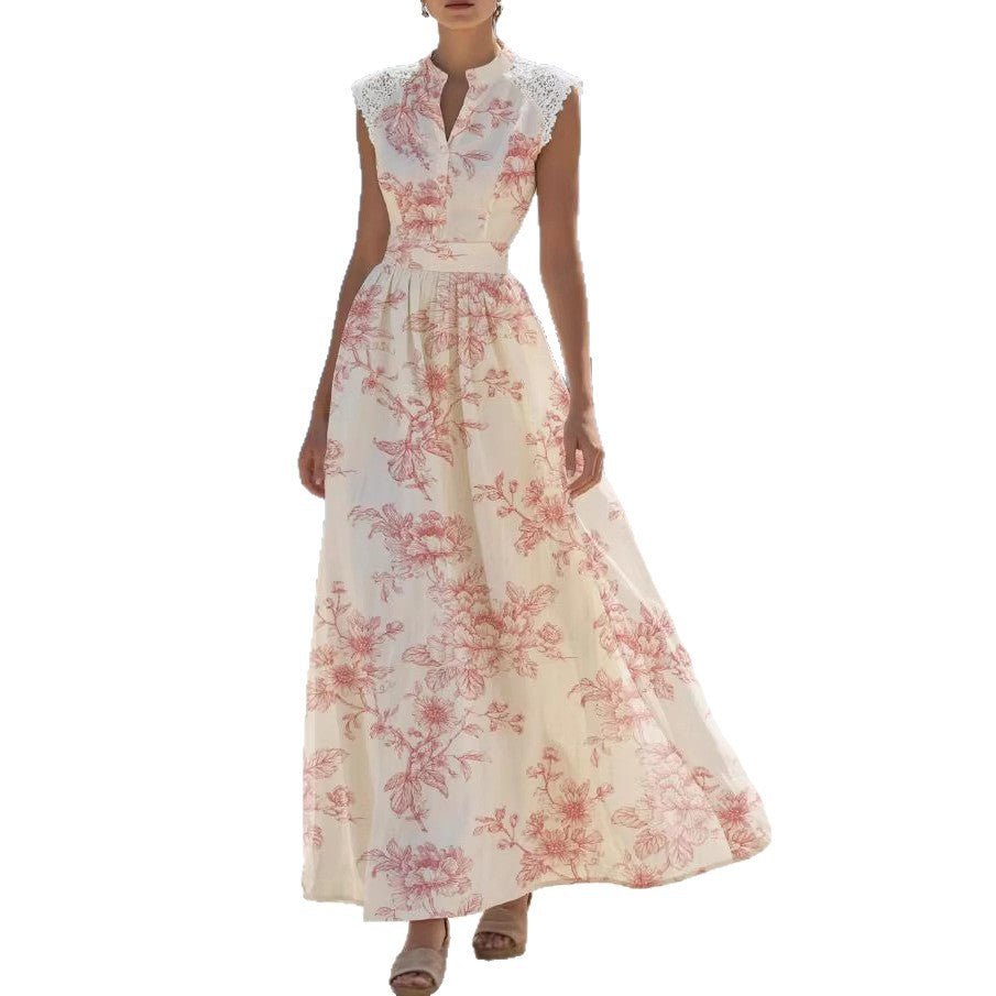 Lace-Patchwork Lace-Up Printed Dress