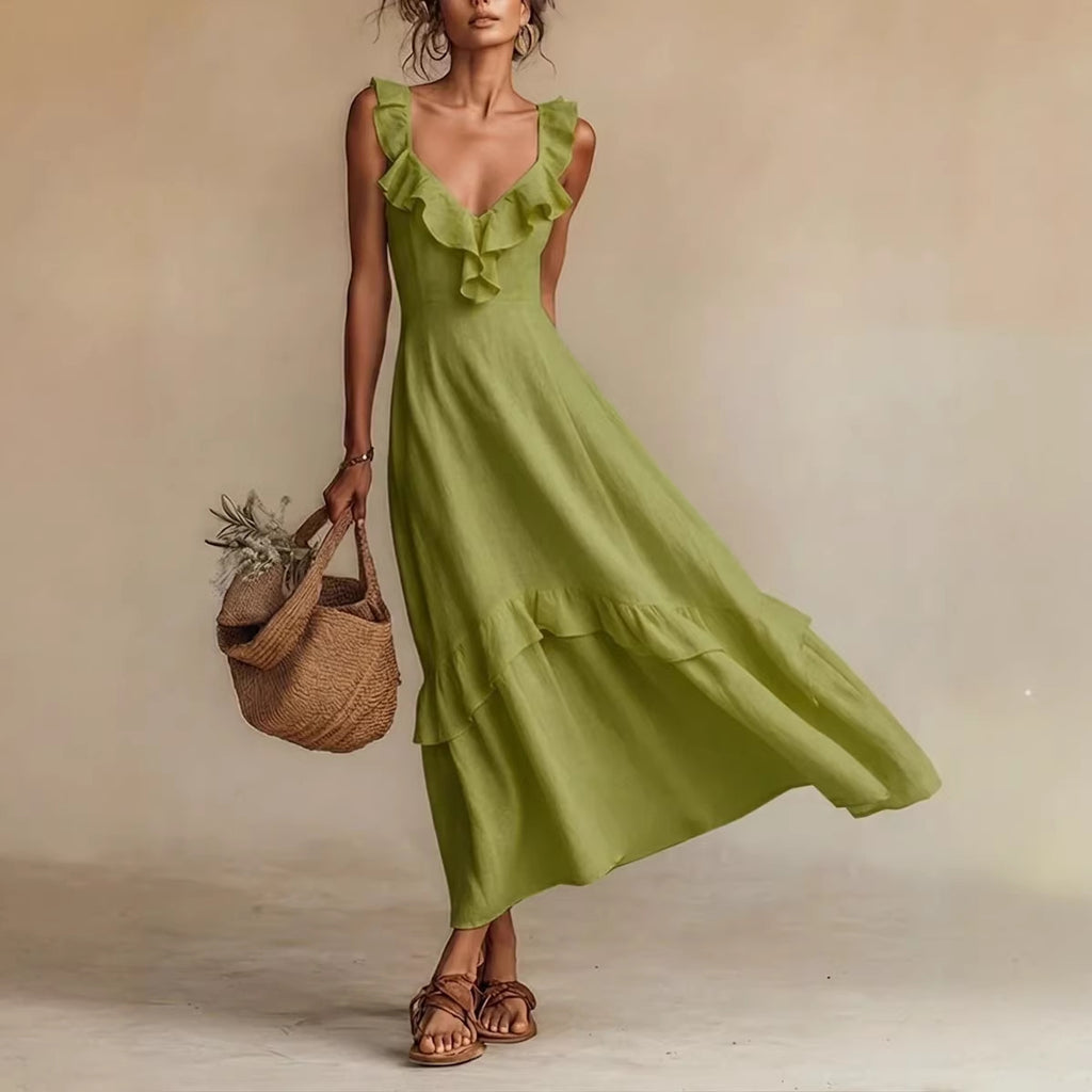 Cotton-Linen Dress With Ruffled Flutter Sleeves