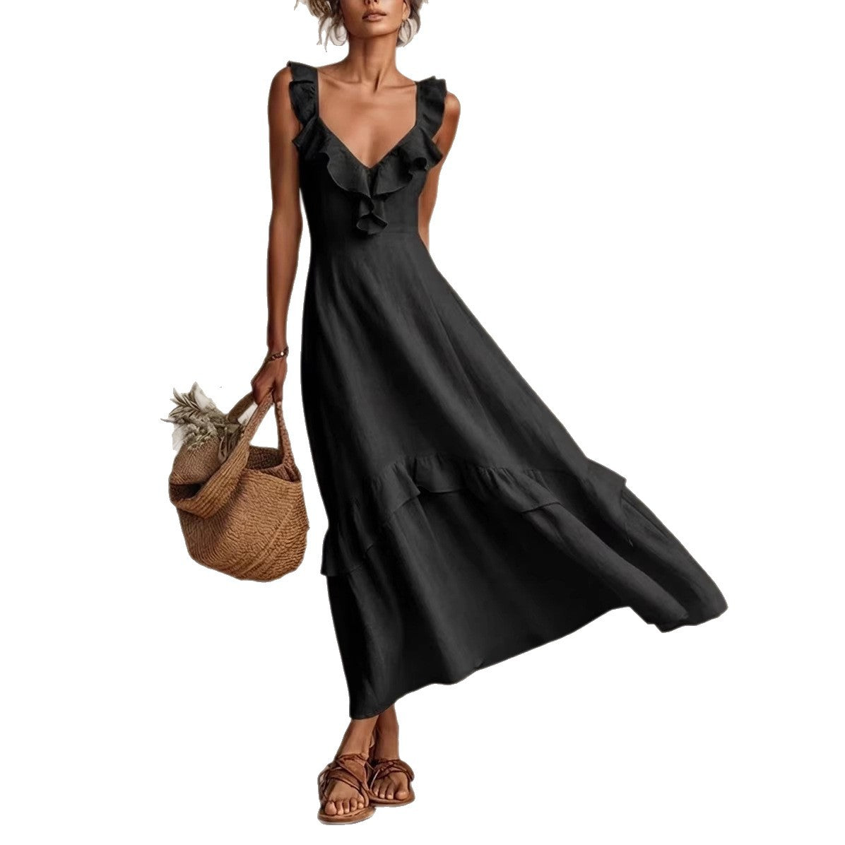 Cotton-Linen Dress With Ruffled Flutter Sleeves