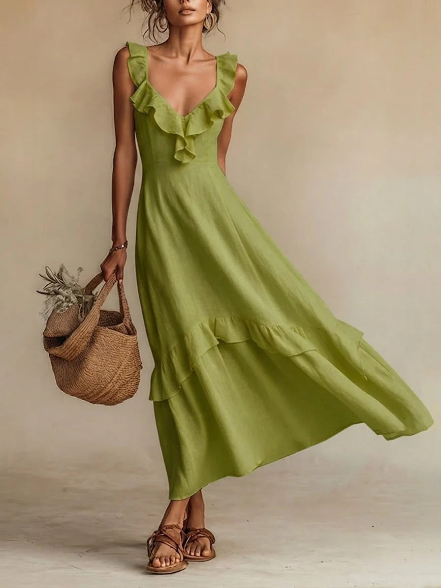 Cotton-Linen Dress With Ruffled Flutter Sleeves