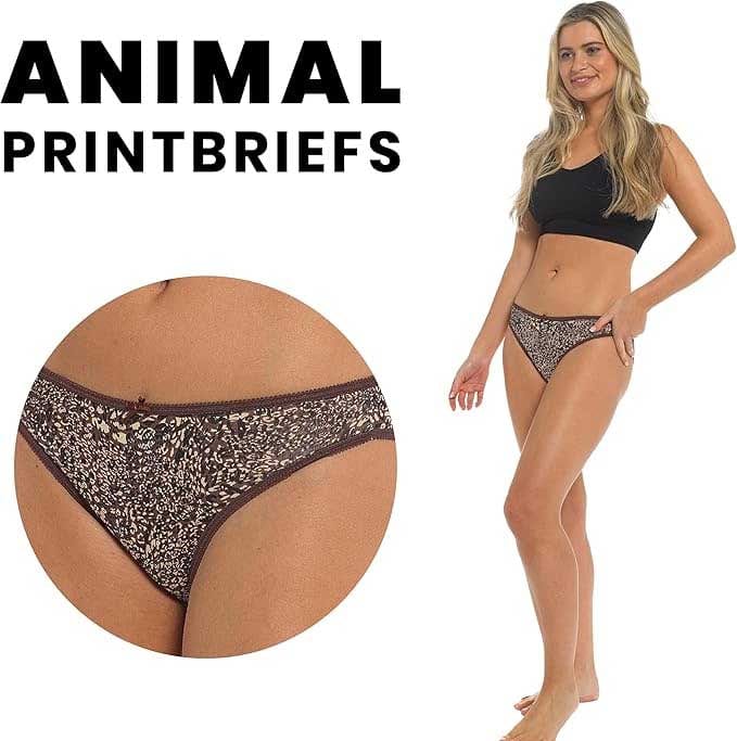 Dreamer Women's 10 Pack Animal Print Briefs Zebra Leopard Cotton Low Rise Knickers Set For Everyday Comfort And Breathability