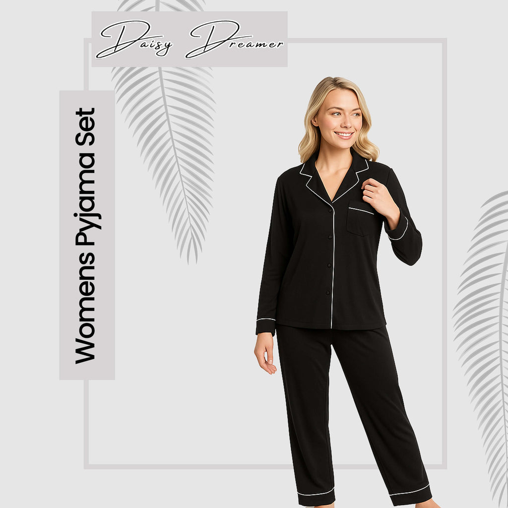 Daisy Dreamer Women's Black Pyjama Set Soft Touch Long Sleeve Button Up Top And Bottoms Two Piece Nightwear For Women Everyday Comfort