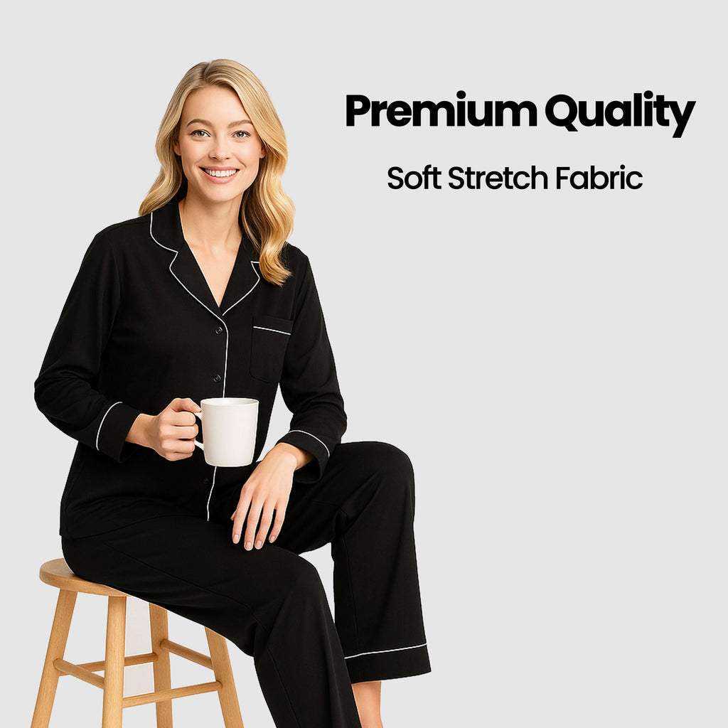 Daisy Dreamer Women's Black Pyjama Set Soft Touch Long Sleeve Button Up Top And Bottoms Two Piece Nightwear For Women Everyday Comfort