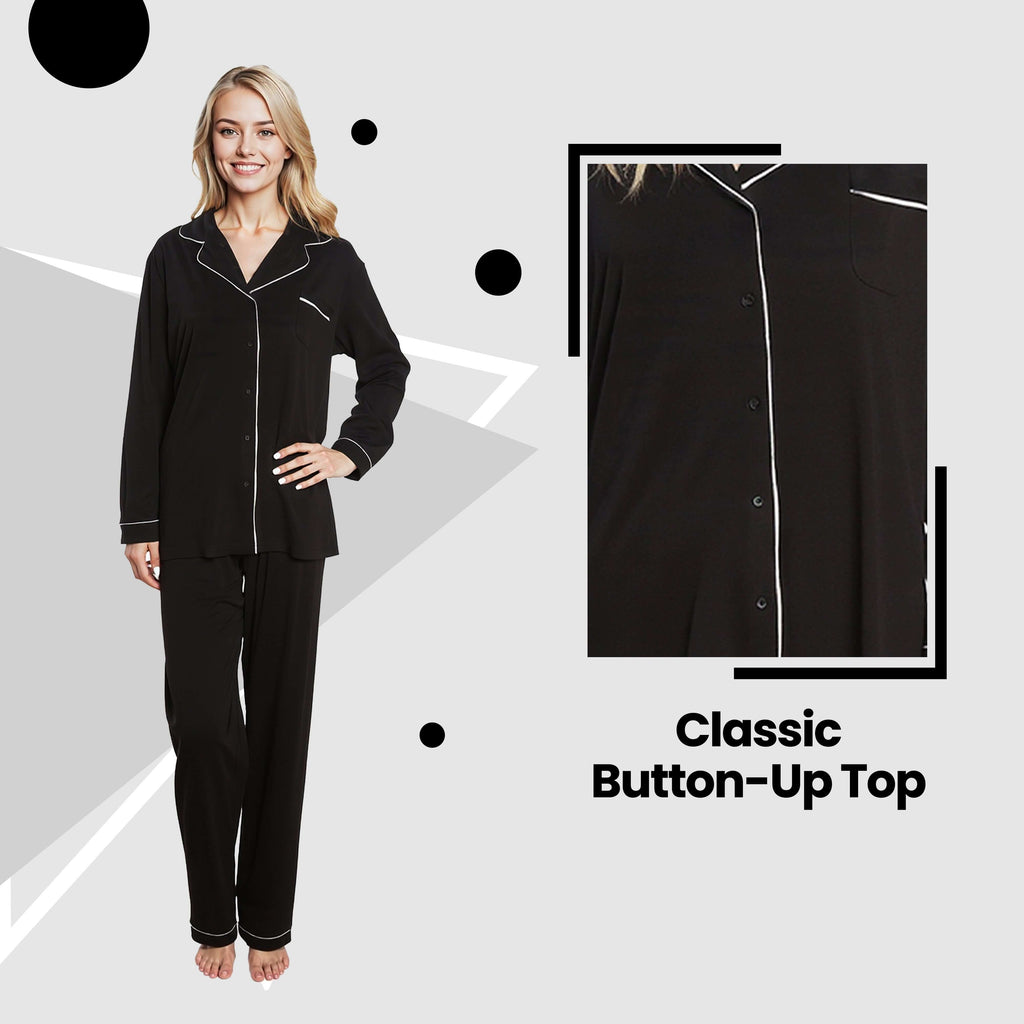 Daisy Dreamer Women's Black Pyjama Set Soft Touch Long Sleeve Button Up Top And Bottoms Two Piece Nightwear For Women Everyday Comfort
