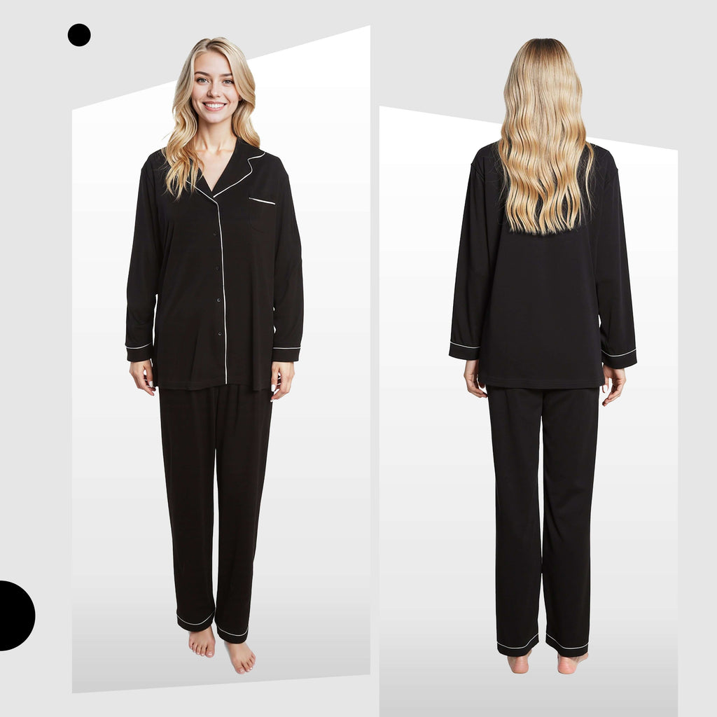 Daisy Dreamer Women's Black Pyjama Set Soft Touch Long Sleeve Button Up Top And Bottoms Two Piece Nightwear For Women Everyday Comfort