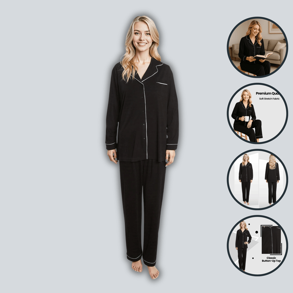 Daisy Dreamer Women's Black Pyjama Set Soft Touch Long Sleeve Button Up Top And Bottoms Two Piece Nightwear For Women Everyday Comfort