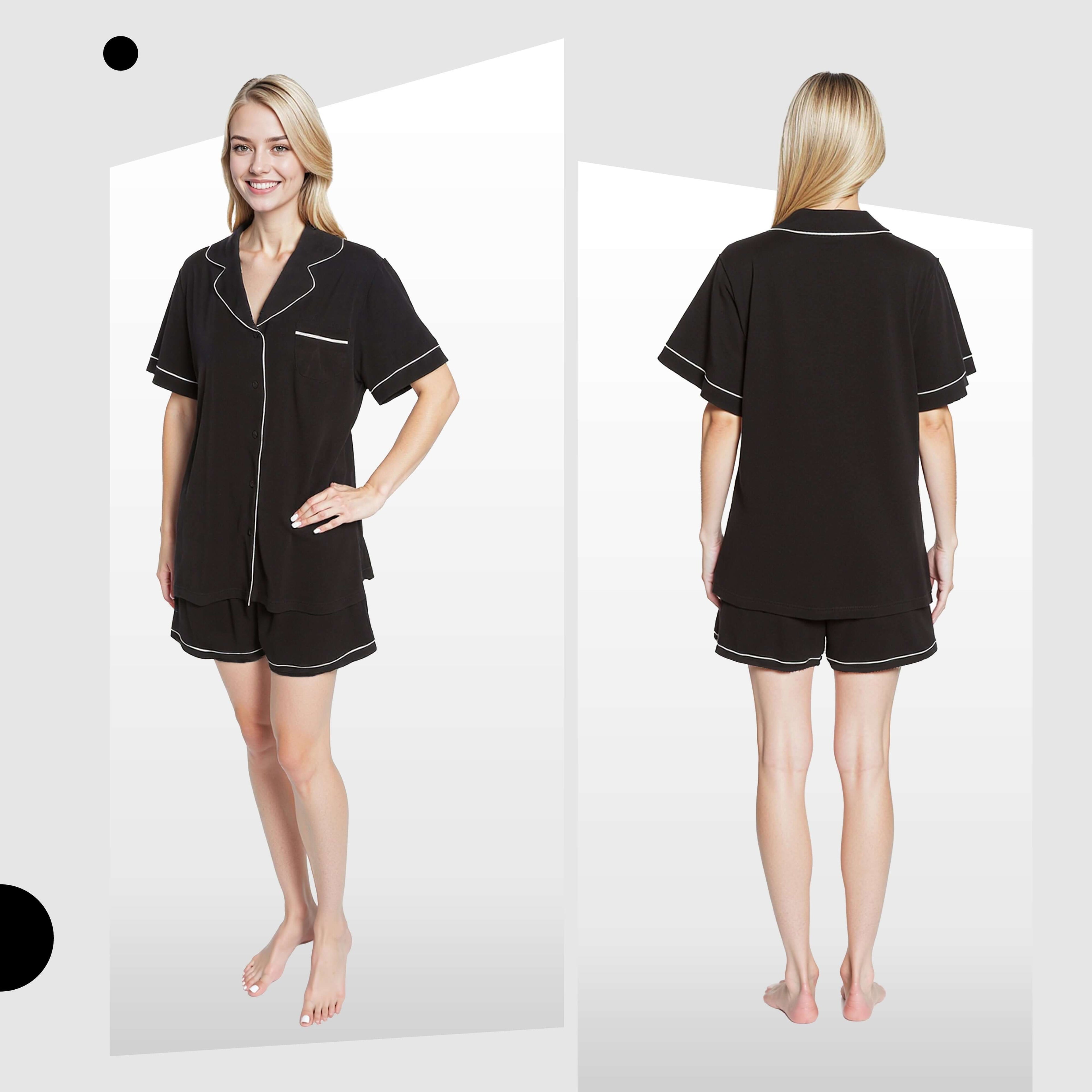 Daisy Dreamer Women's Black Short Pyjama Set - Super Soft Sleepwear with Button Up Top and Shorts With Pockets Relaxed Fit