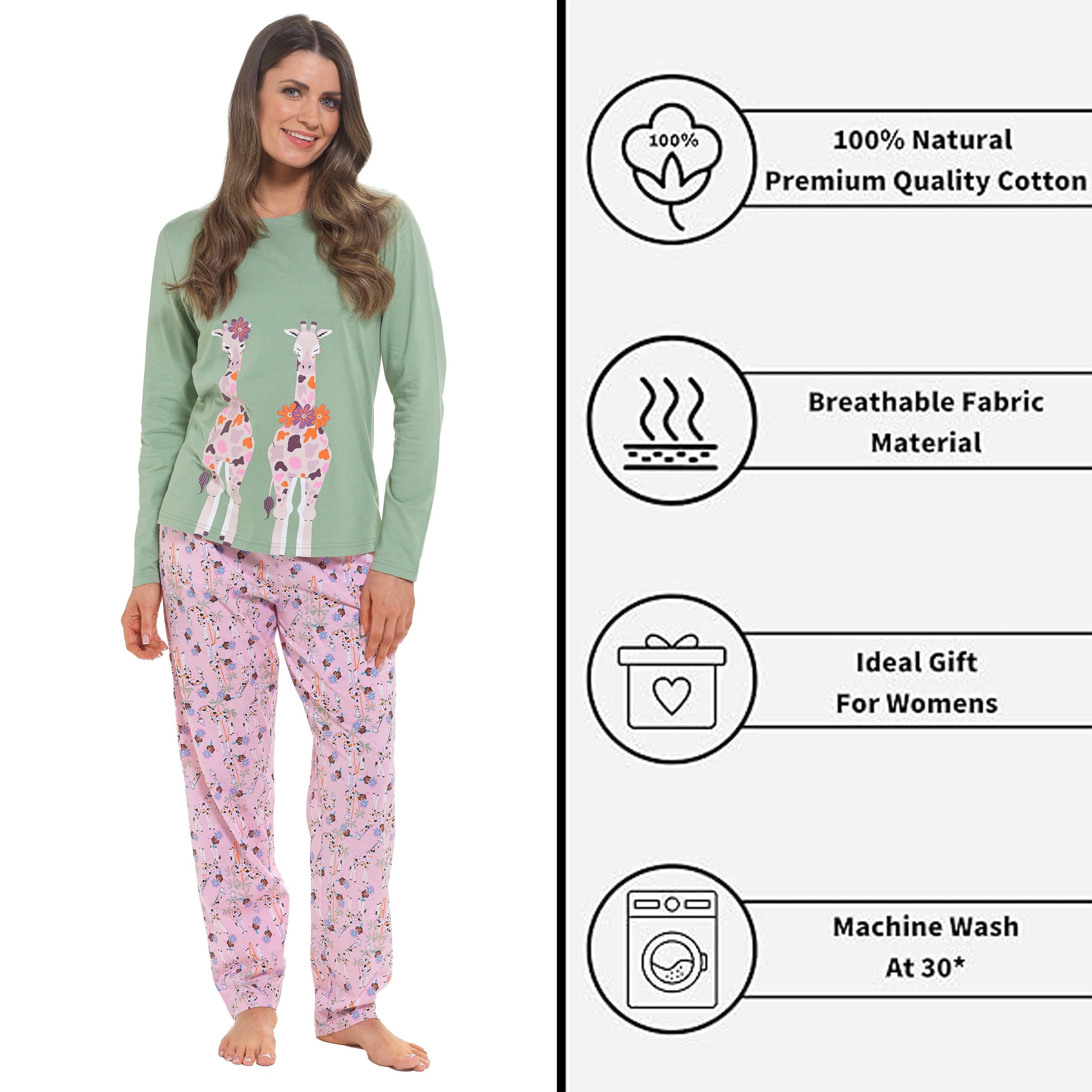 Daisy Dreamer Womens Giraffe Cotton Jersey Long Sleeve Pajama Set For Comfortable Soft Loungewear Sleepwear Summer Holiday