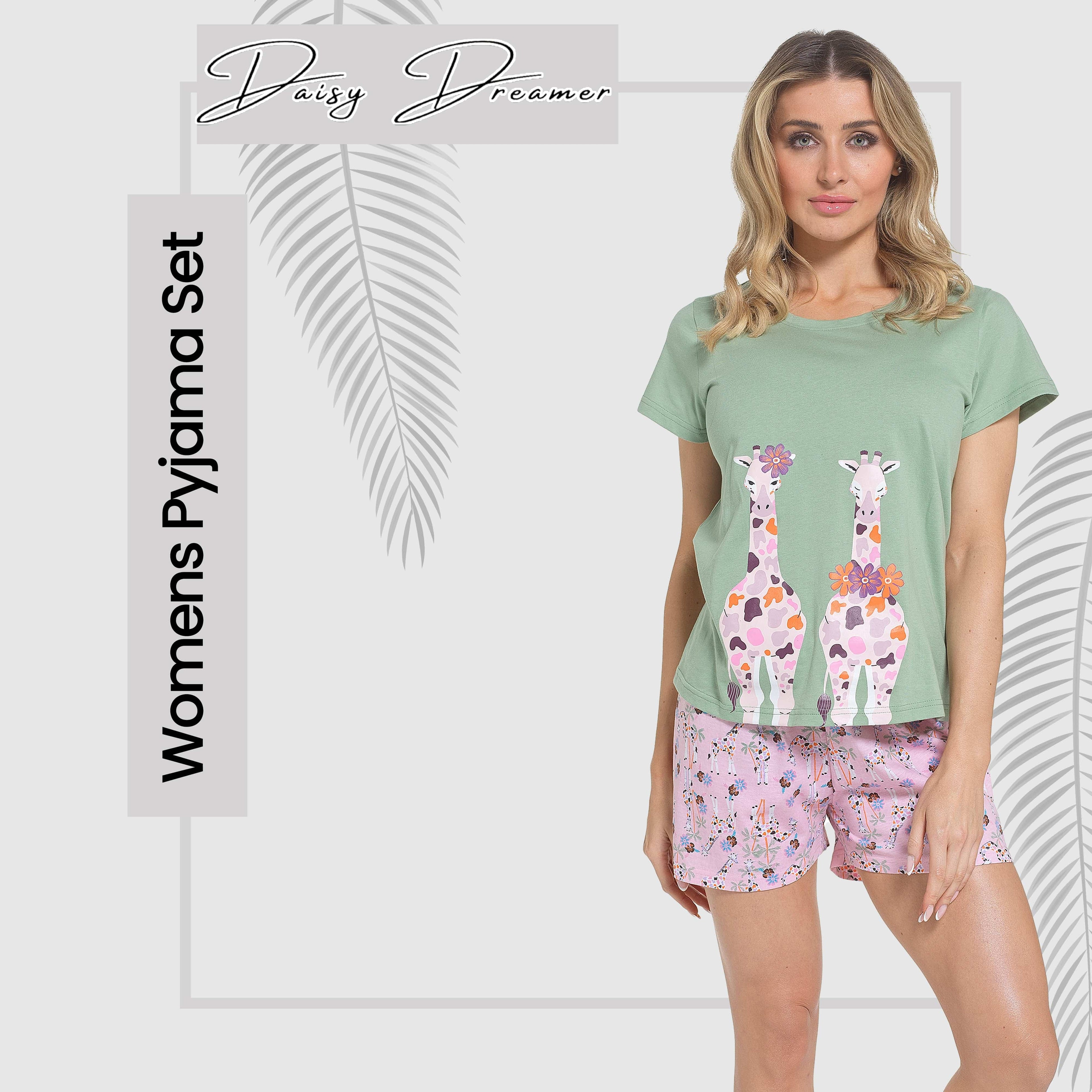 Daisy Dreamer Women's Giraffe Print Pyjama Set T Shirt And Shorts Soft Cotton Loungewear Breathable Lightweight For Summer Sleepwear