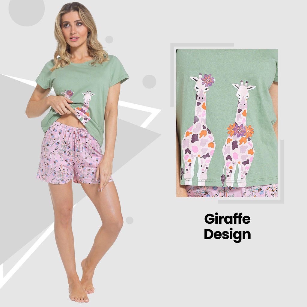 Daisy Dreamer Women's Giraffe Print Pyjama Set T Shirt And Shorts Soft Cotton Loungewear Breathable Lightweight For Summer Sleepwear
