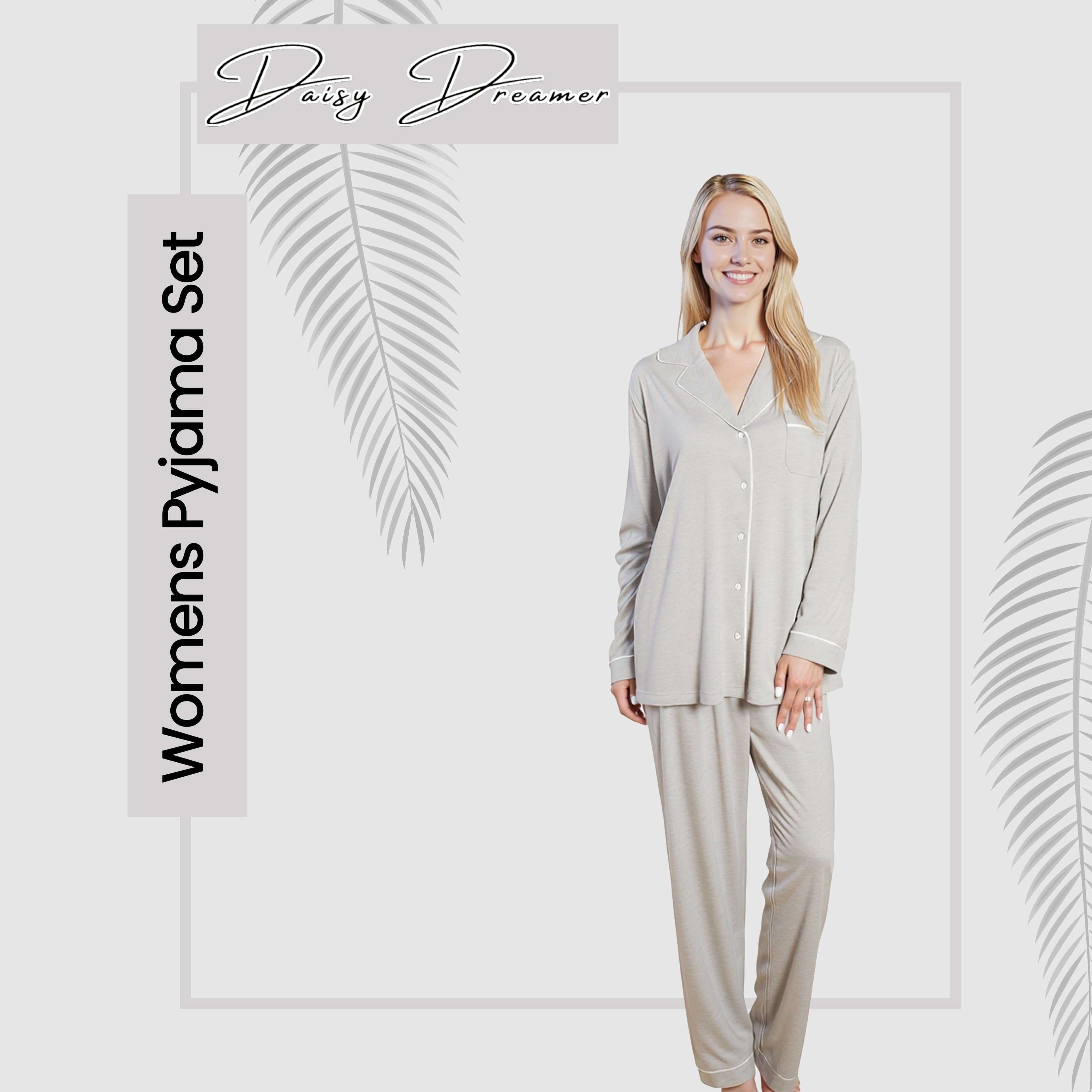 Daisy Dreamer Women's Grey Pyjama Set Soft Touch Long Sleeve Button Up Top and Bottoms Two Piece Nightwear With Relaxed Fit