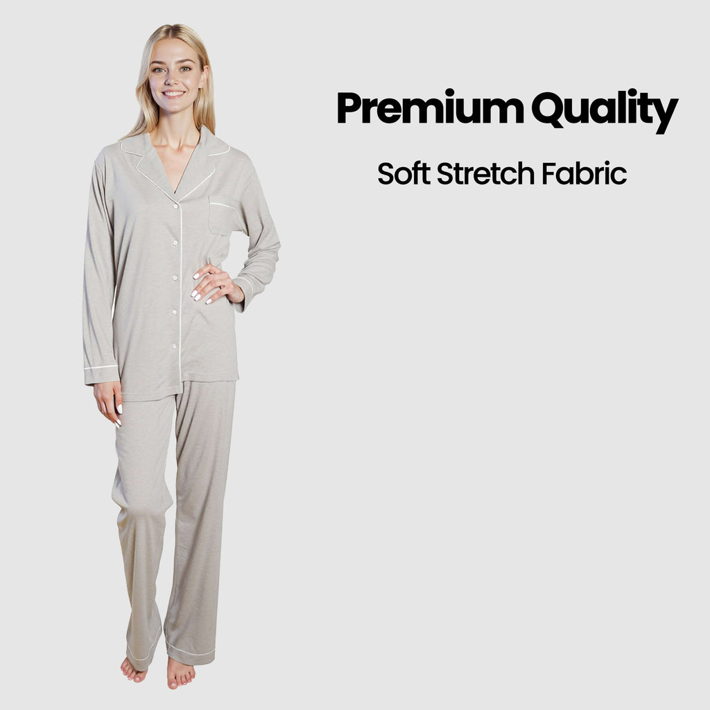 Daisy Dreamer Women's Grey Pyjama Set Soft Touch Long Sleeve Button Up Top and Bottoms Two Piece Nightwear With Relaxed Fit