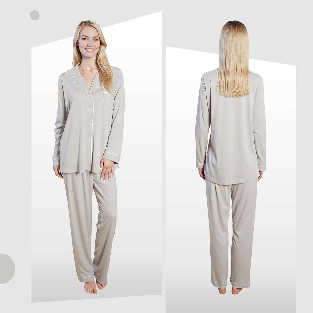 Daisy Dreamer Women's Grey Pyjama Set Soft Touch Long Sleeve Button Up Top and Bottoms Two Piece Nightwear With Relaxed Fit