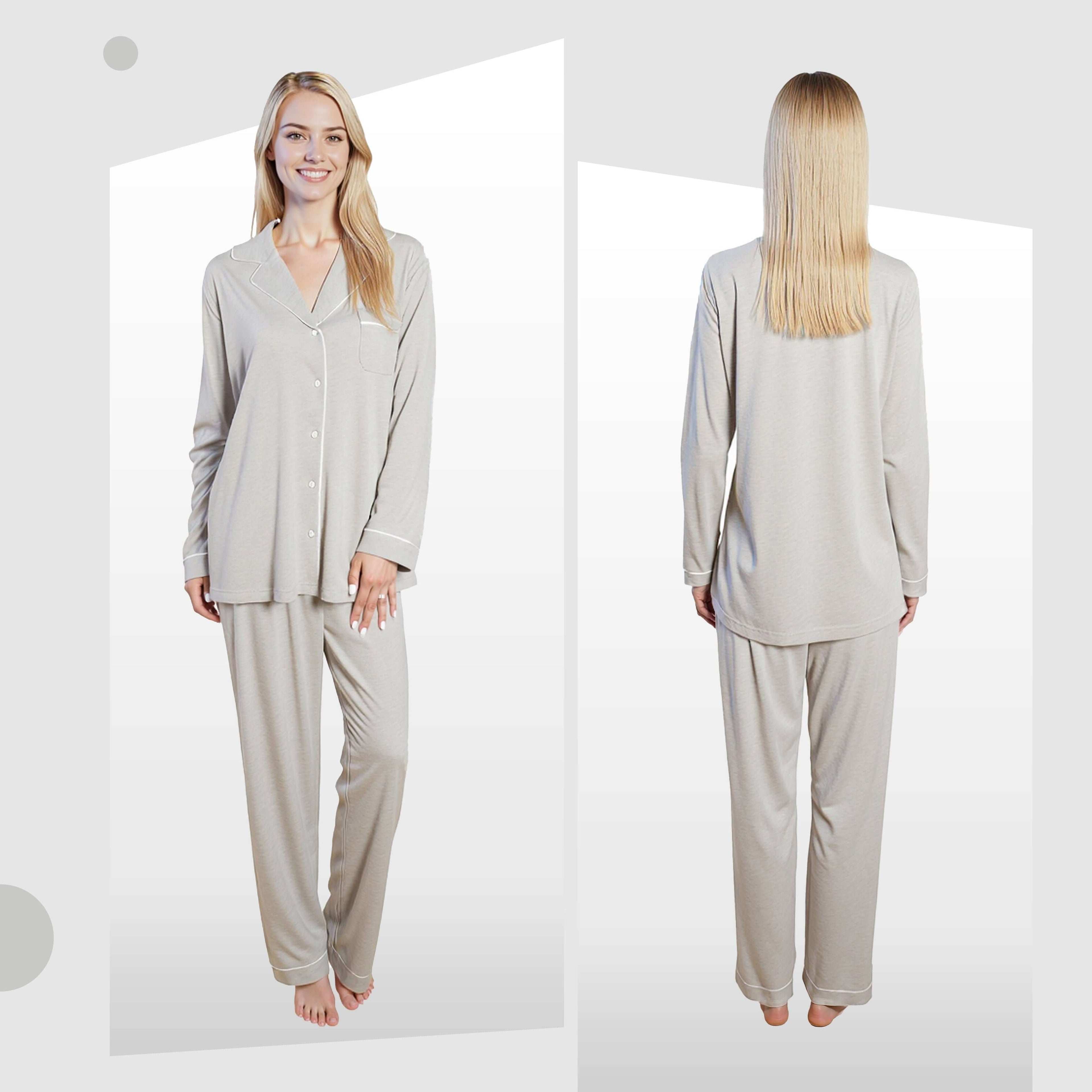 Daisy Dreamer Women's Grey Pyjama Set Soft Touch Long Sleeve Button Up Top and Bottoms Two Piece Nightwear With Relaxed Fit