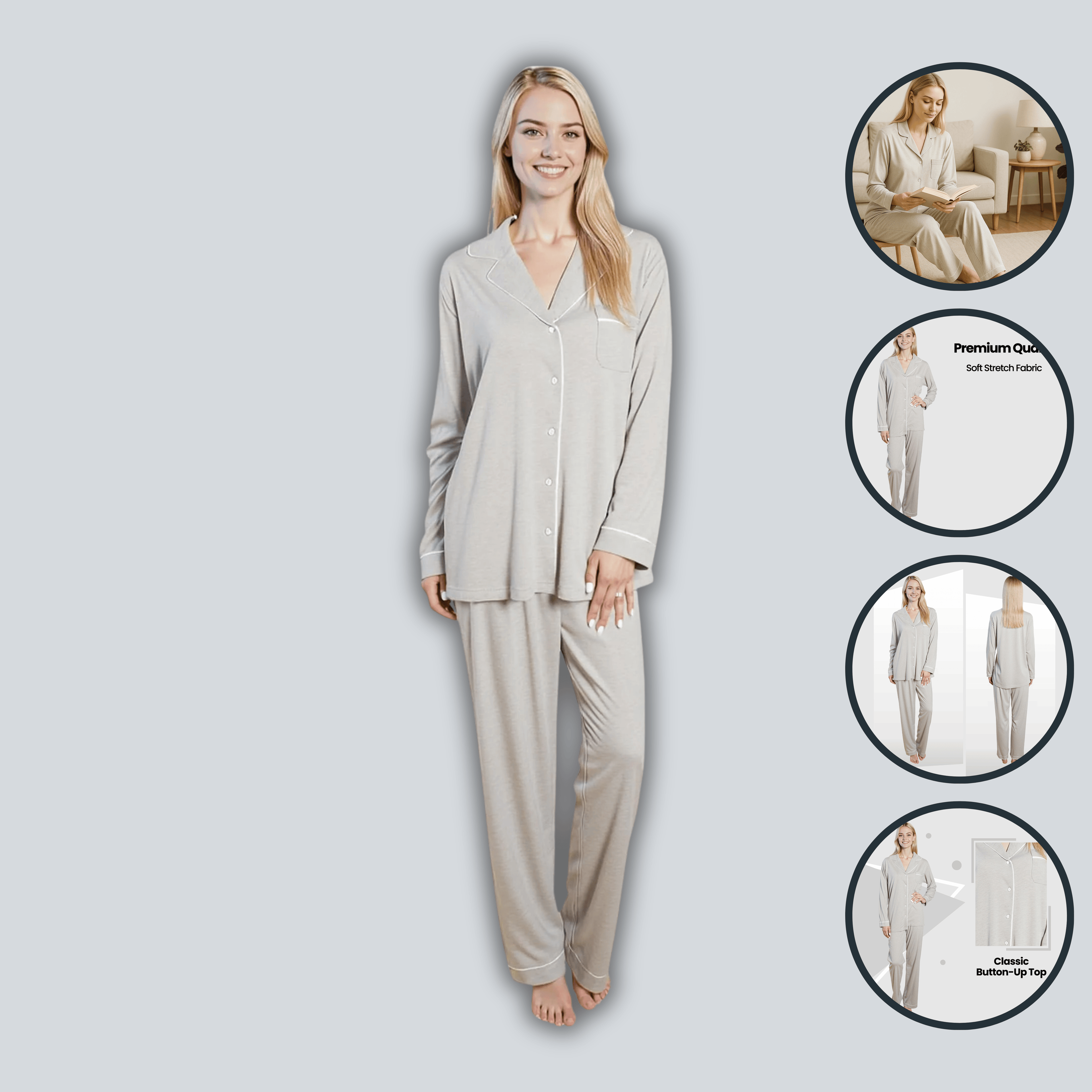 Daisy Dreamer Women's Grey Pyjama Set Soft Touch Long Sleeve Button Up Top and Bottoms Two Piece Nightwear With Relaxed Fit
