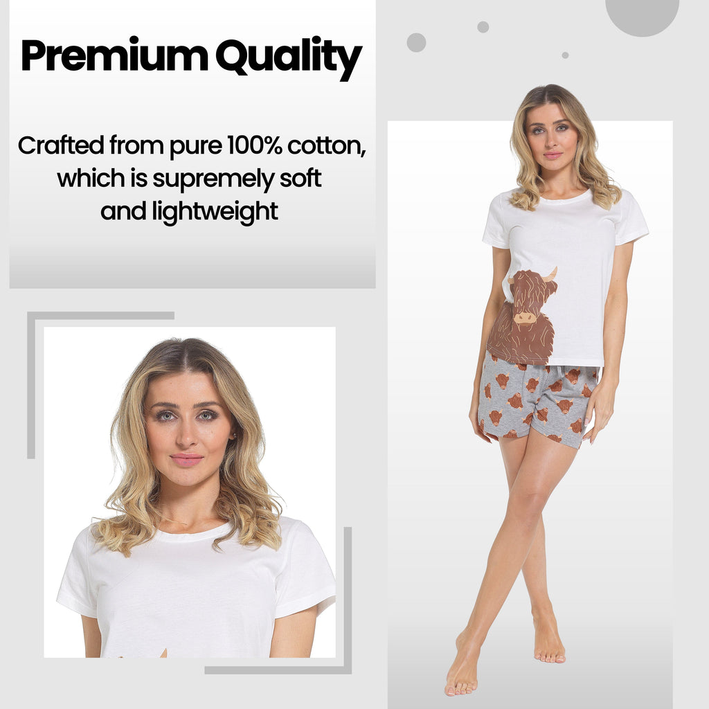 Daisy Dreamer Women's Highland Cow Pyjama Set T Shirt And Shorts Soft Cotton Loungewear For Summer Sleepwear Relaxed Fit