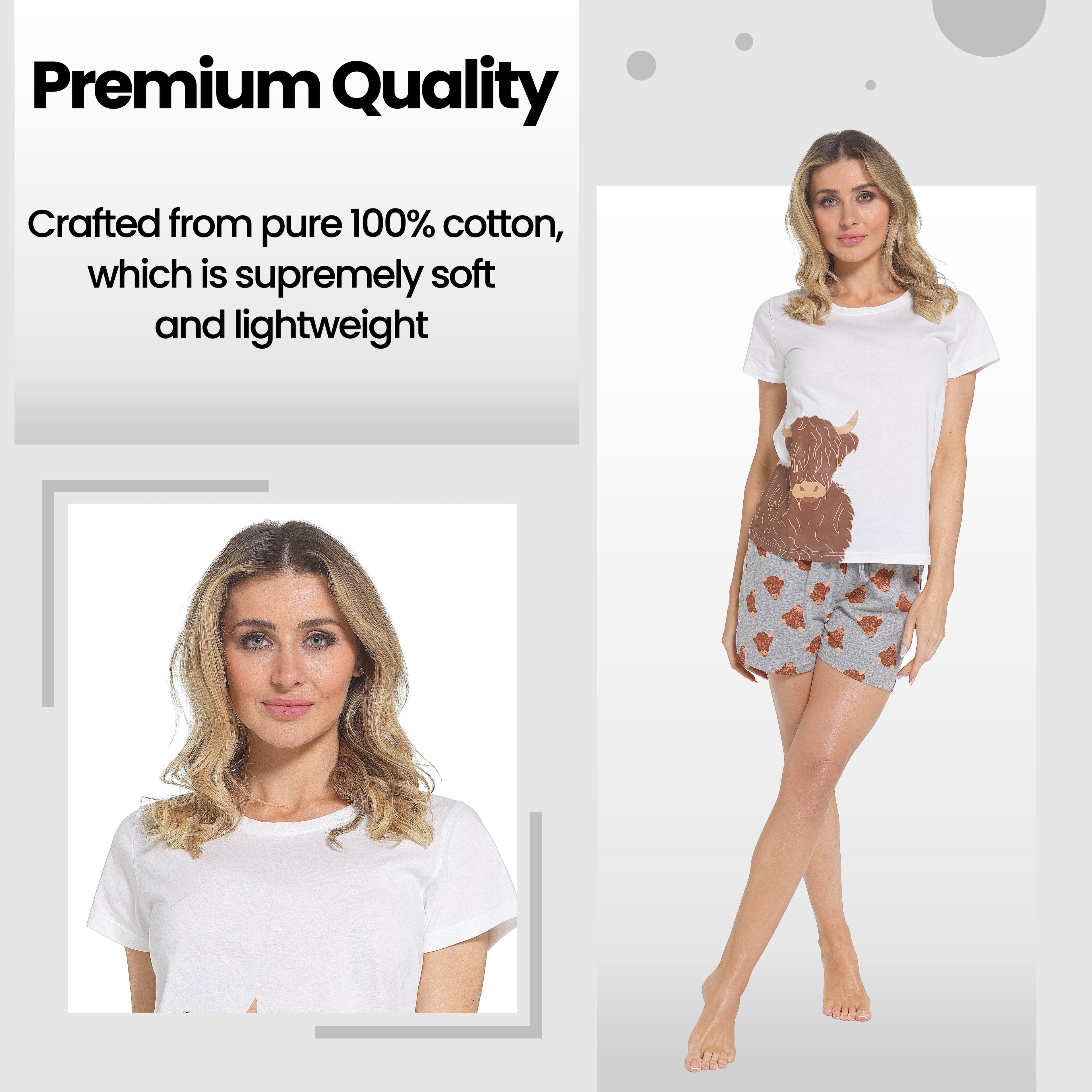 Daisy Dreamer Women's Highland Cow Pyjama Set T Shirt And Shorts Soft Cotton Loungewear For Summer Sleepwear Relaxed Fit