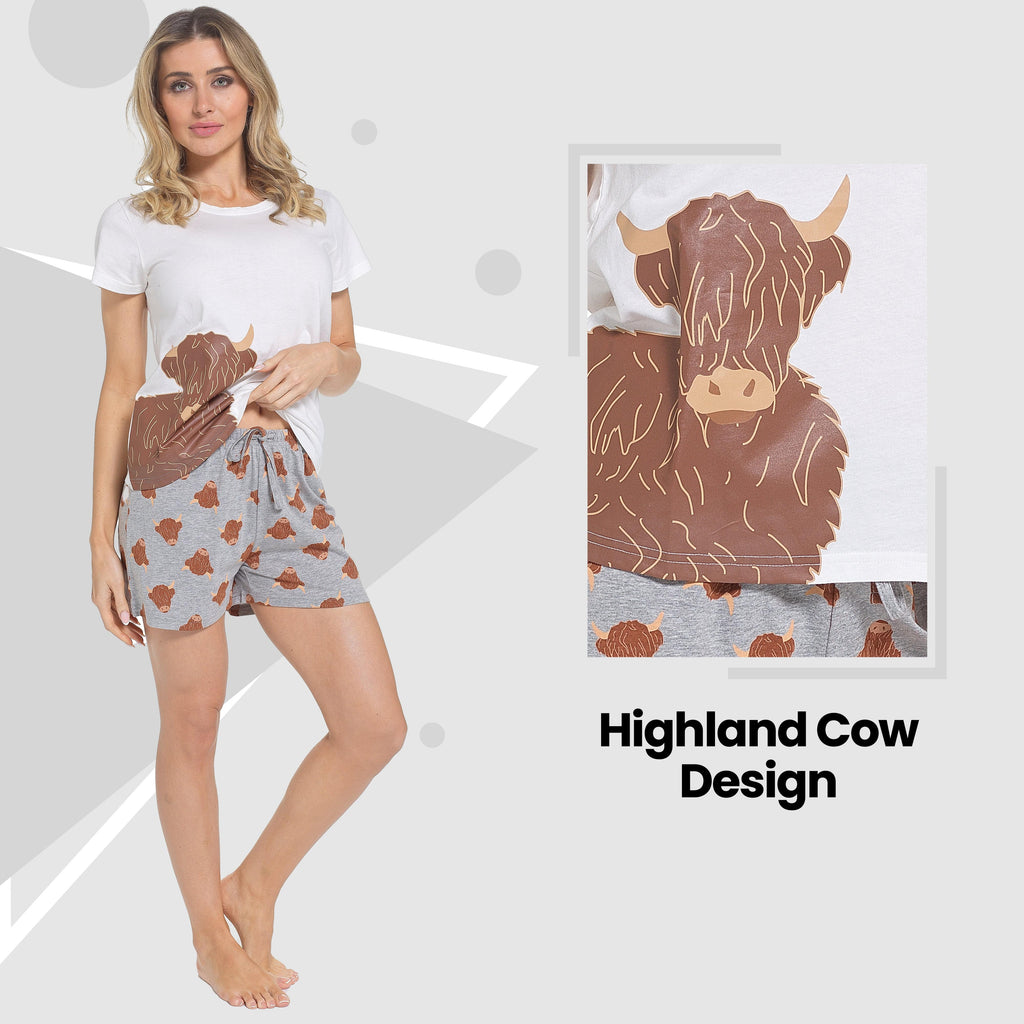 Daisy Dreamer Women's Highland Cow Pyjama Set T Shirt And Shorts Soft Cotton Loungewear For Summer Sleepwear Relaxed Fit